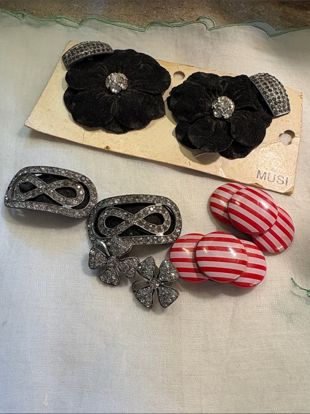 Assorted Vintage Shoe Clips - Black Floral, Crystal Infinity & Red Striped